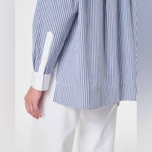 SPANX Poplin Tuxedo Shirt XL Blue White Stripe Long Sleeve High-Low Hem nautical - Picture 4 of 12